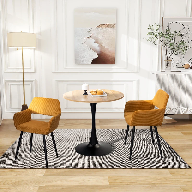Ensemble de salle à manger de style scandinave comprenant une table ronde en chêne et 2 chaises en velours côtelé jaune