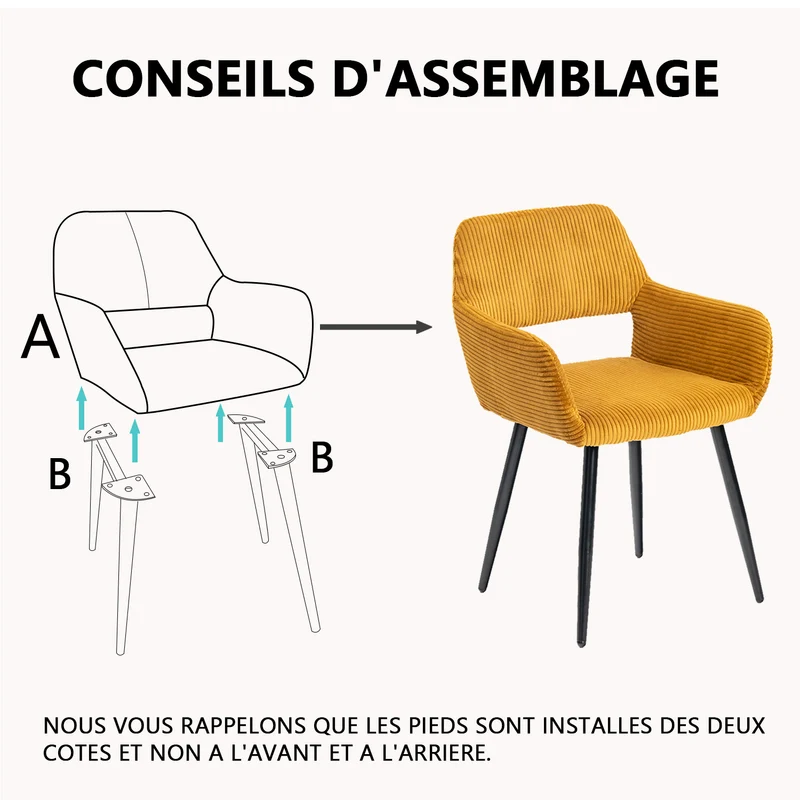 Ensemble de salle à manger de style scandinave comprenant une table ronde en chêne et 2 chaises en velours côtelé jaune
