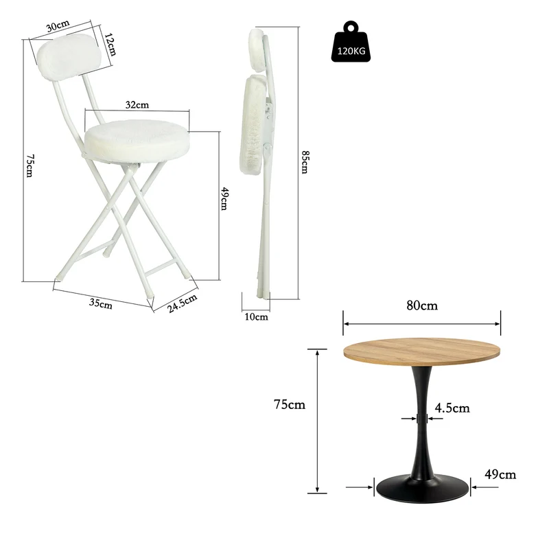 Ensemble de salle à manger de style scandinave comprenant une table ronde en chêne et quatre chaises pliantes blanches