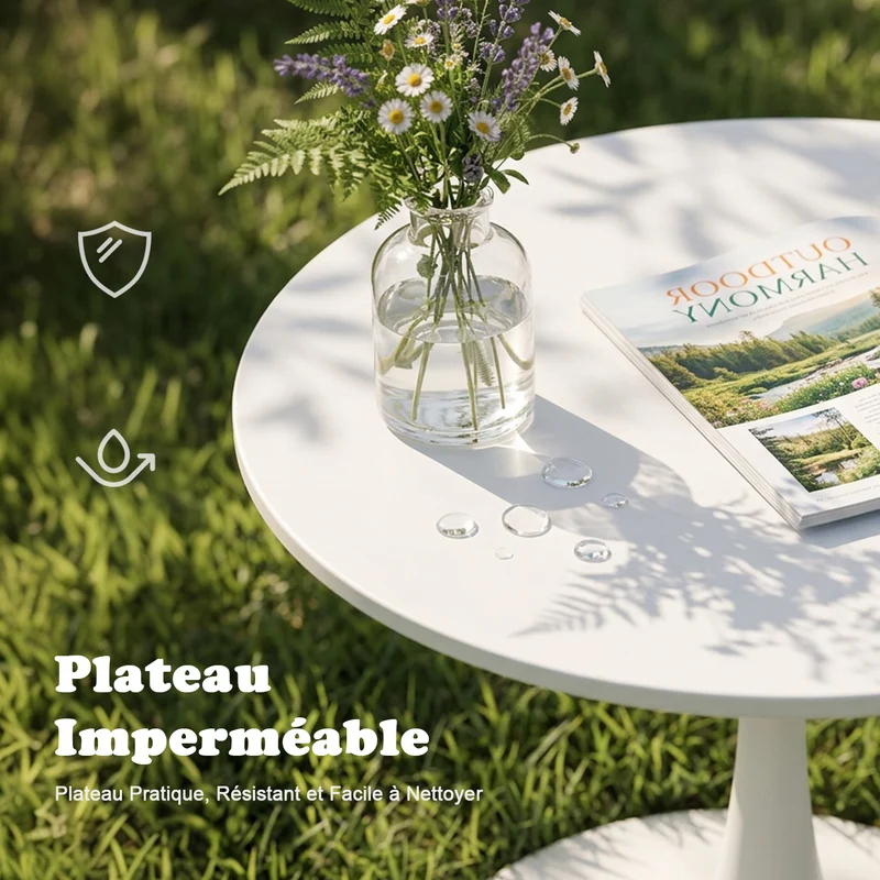 Ensemble de salle à manger de style scandinave comprenant une table ronde blanche et quatre chaises pliantes grises