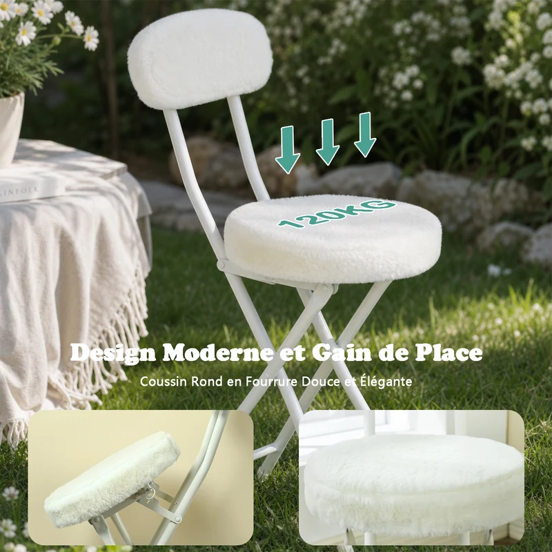 Ensemble de salle à manger de style scandinave comprenant une table ronde blanche et quatre chaises pliantes blanches
