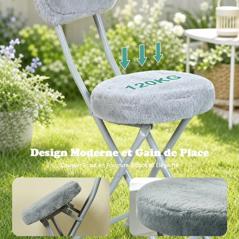 Ensemble de salle à manger de style scandinave comprenant une table ronde blanche et quatre chaises pliantes grises