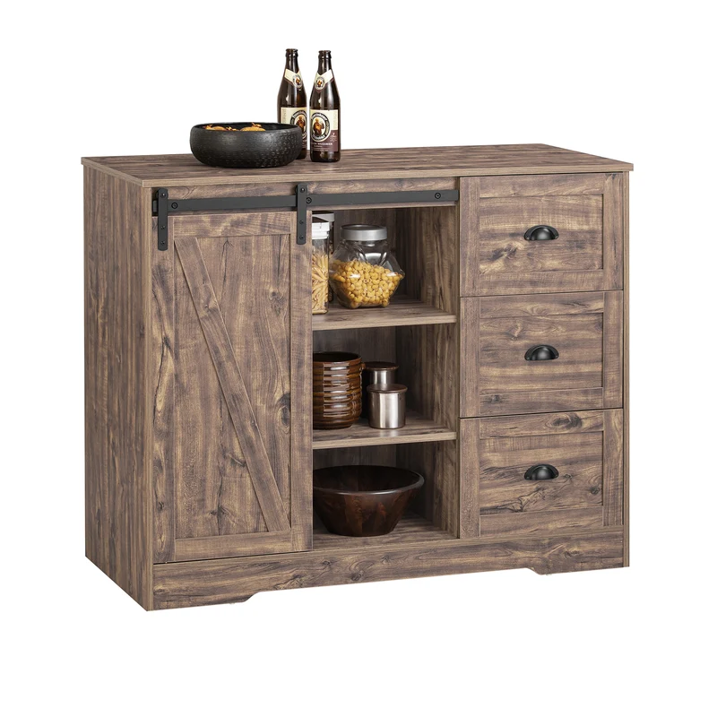 SoBuy KNL08-N îlot Central Mange-Debout Placard de Cuisine Buffet de Rangement Multi-rangements avec 1 Porte de Grange, Porte-Bouteilles, 3 Tiroirs