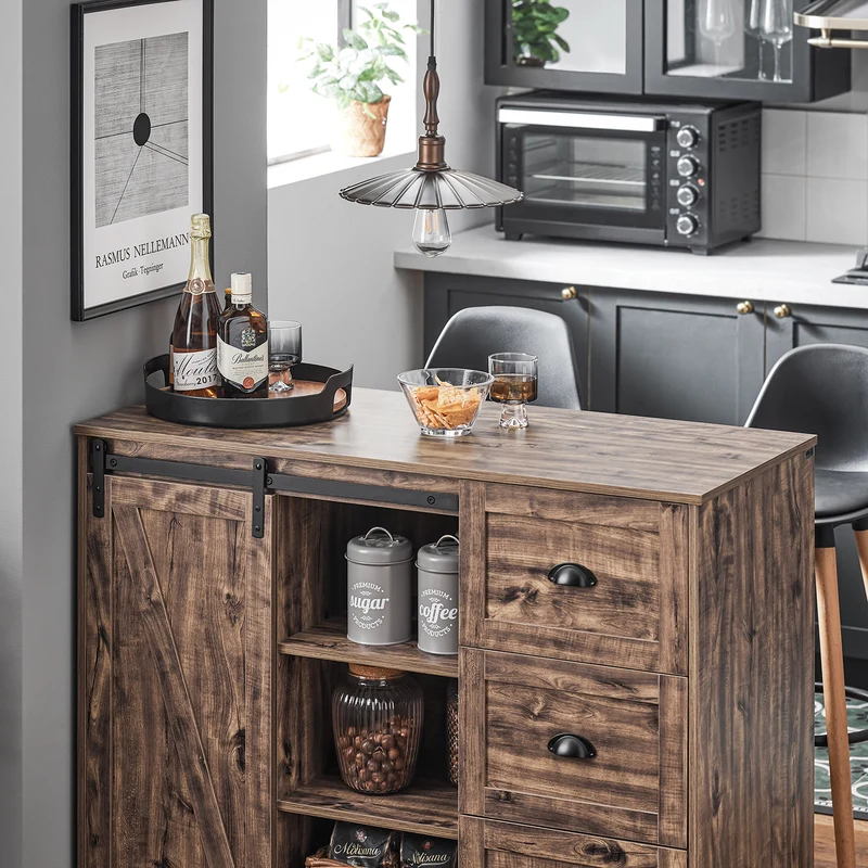 SoBuy KNL08-N îlot Central Mange-Debout Placard de Cuisine Buffet de Rangement Multi-rangements avec 1 Porte de Grange, Porte-Bouteilles, 3 Tiroirs