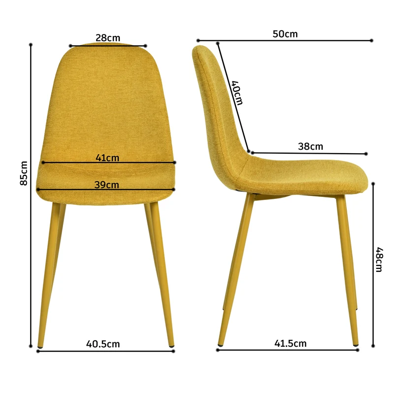 Lot de 4 chaises de salle à manger en tissu jaune doux, chaises de détente avec dossier et pieds métalliques assortis scandinave - CHARLTON