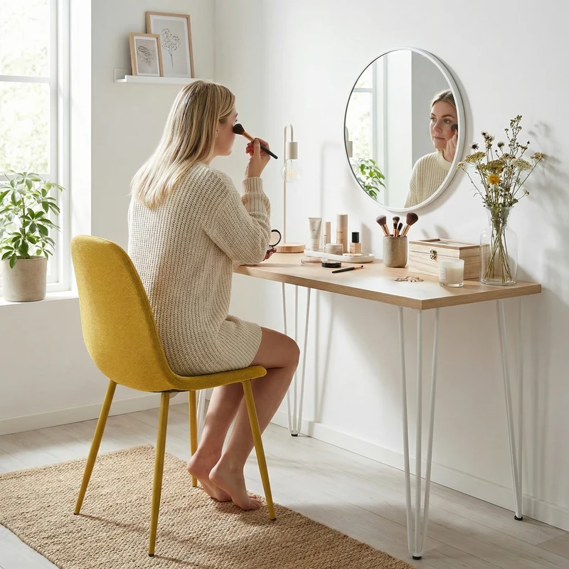 Lot de 4 chaises de salle à manger en tissu jaune doux, chaises de détente avec dossier et pieds métalliques assortis scandinave - CHARLTON