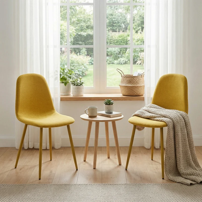 Lot de 4 chaises de salle à manger en tissu jaune doux, chaises de détente avec dossier et pieds métalliques assortis scandinave - CHARLTON