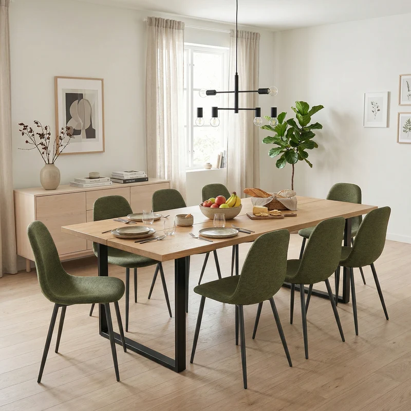 Lot de 8 chaises de salle à manger en tissu vert doux, chaises de détente avec dossier et pieds métalliques assortis scandinave - CHARLTON