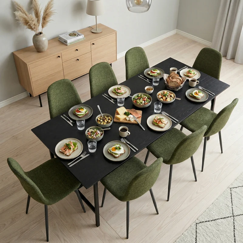 Lot de 8 chaises de salle à manger en tissu vert doux, chaises de détente avec dossier et pieds métalliques assortis scandinave - CHARLTON