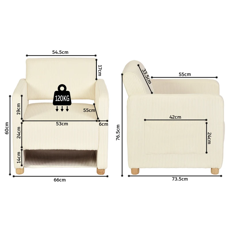 Lot de 2 fauteuil de détente 1 place canapé pour salon, fauteuil avec emballage en velours côtelé beige - KARIA