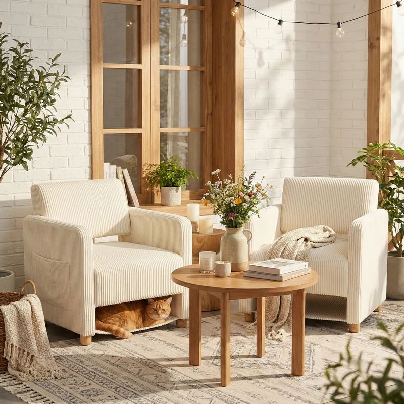 Lot de 2 fauteuil de détente 1 place canapé pour salon, fauteuil avec emballage en velours côtelé beige - KARIA