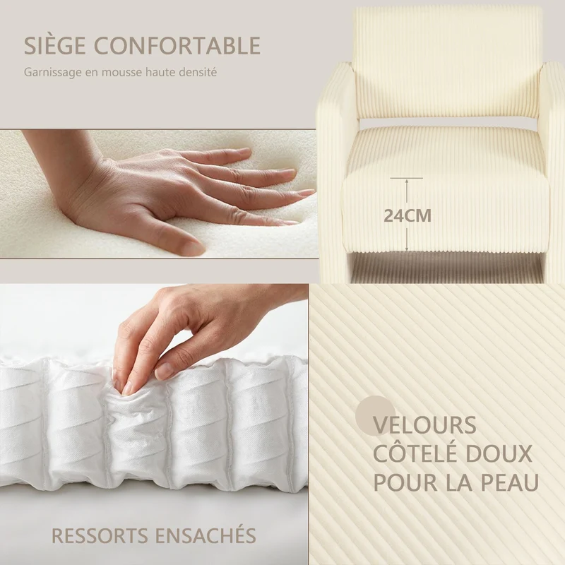 Lot de 2 fauteuil de détente 1 place canapé pour salon, fauteuil avec emballage en velours côtelé beige - KARIA