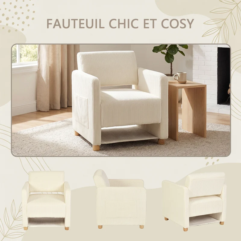 Lot de 2 fauteuil de détente 1 place canapé pour salon, fauteuil avec emballage en velours côtelé beige - KARIA