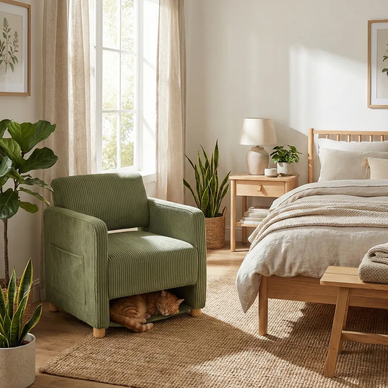 Fauteuil de détente 1 place canapé pour salon, fauteuil avec emballage en velours côtelé vert - KARIA