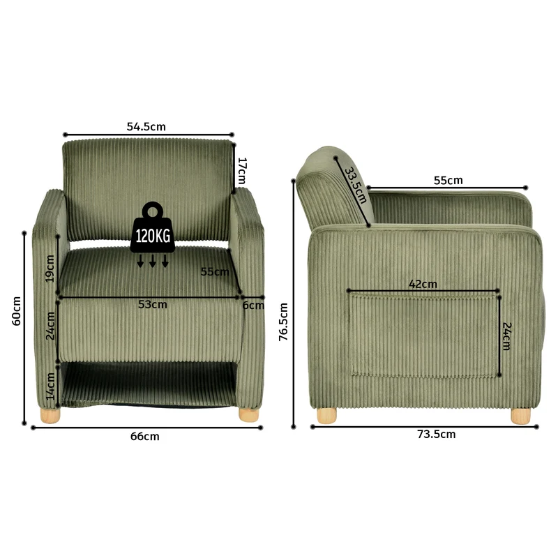 Fauteuil de détente 1 place canapé pour salon, fauteuil avec emballage en velours côtelé vert - KARIA
