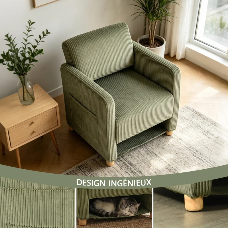 Fauteuil de détente 1 place canapé pour salon, fauteuil avec emballage en velours côtelé vert - KARIA