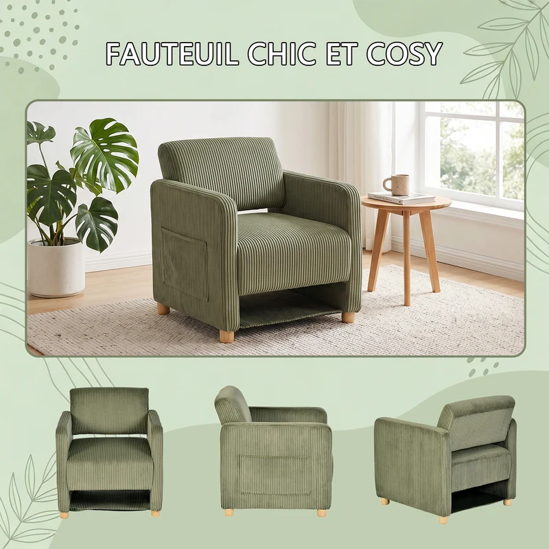 Fauteuil de détente 1 place canapé pour salon, fauteuil avec emballage en velours côtelé vert - KARIA