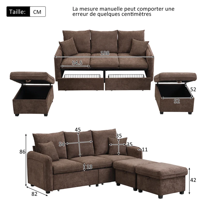 Canapé d'angle 3 places marron en forme de U avec rangement, canapé modulaire multifonction en chenille