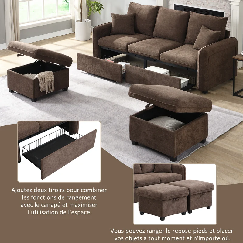 Canapé d'angle 3 places marron en forme de U avec rangement, canapé modulaire multifonction en chenille
