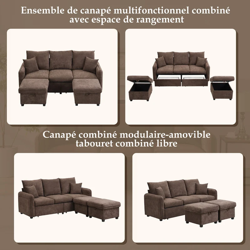 Canapé d'angle 3 places marron en forme de U avec rangement, canapé modulaire multifonction en chenille