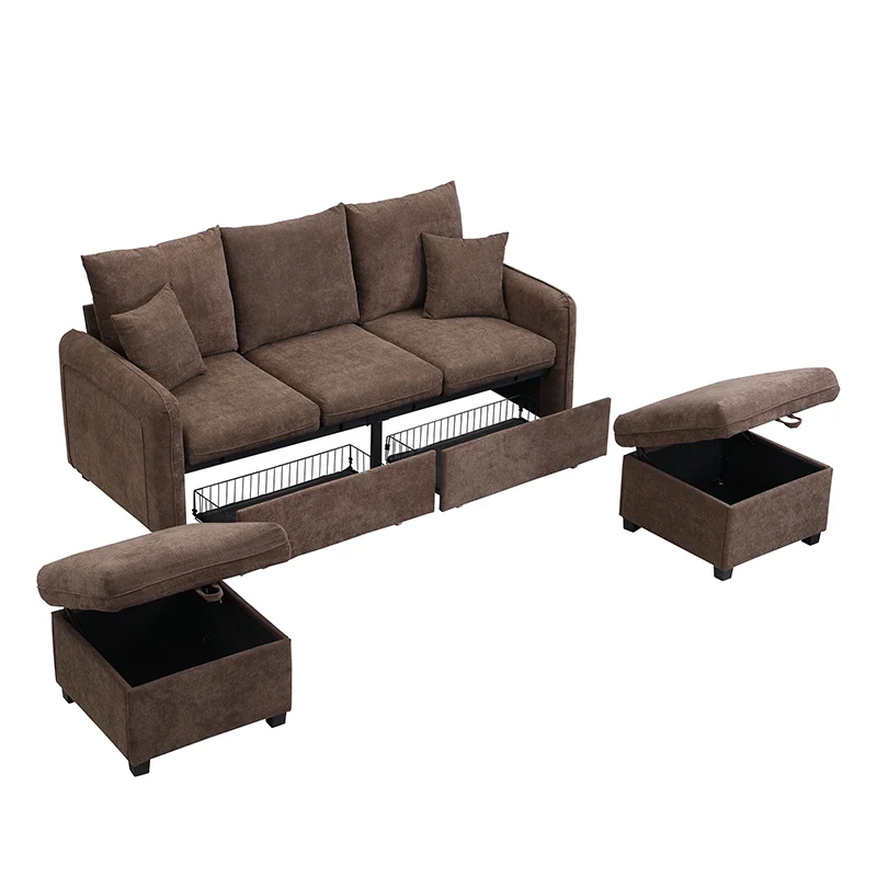 Canapé d'angle 3 places marron en forme de U avec rangement, canapé modulaire multifonction en chenille