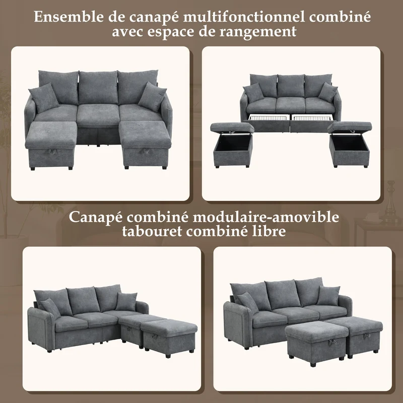 Canapé d'angle 3 places gris en forme de U avec rangement, canapé modulaire multifonction en chenille