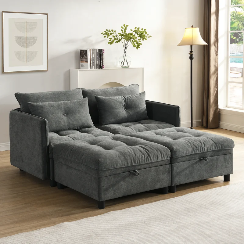Ensemble de canapés modulables et séparables 4 places avec rangement, revêtu de chenille, gris