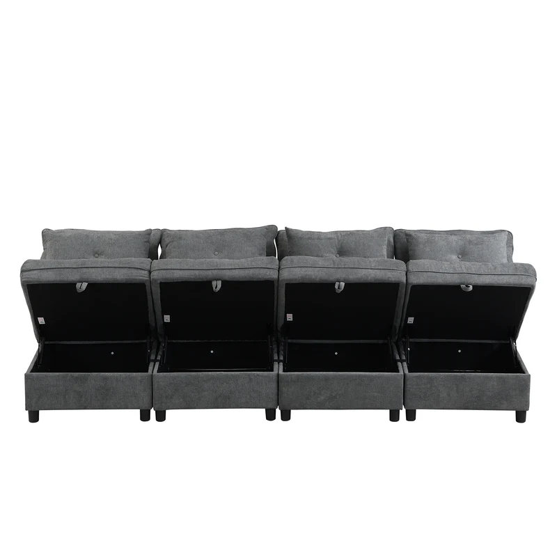 Ensemble de canapés modulables et séparables 4 places avec rangement, revêtu de chenille, gris