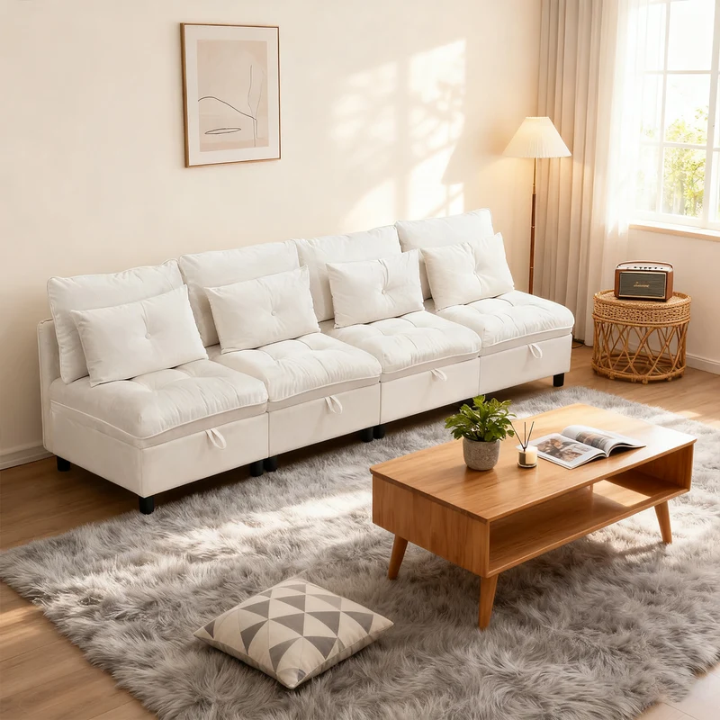 Ensemble de canapés modulables et séparables 4 places avec rangement, revêtu de chenille, beige
