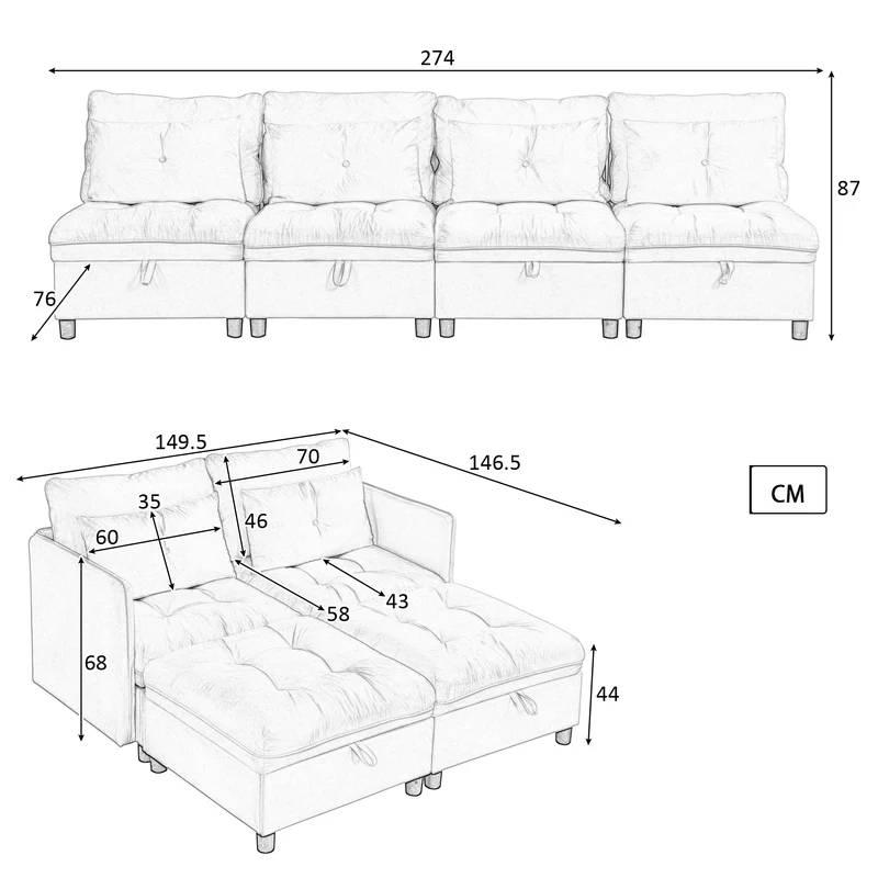 Ensemble de canapés modulables et séparables 4 places avec rangement, revêtu de chenille, beige