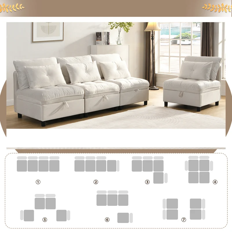 Ensemble de canapés modulables et séparables 4 places avec rangement, revêtu de chenille, beige