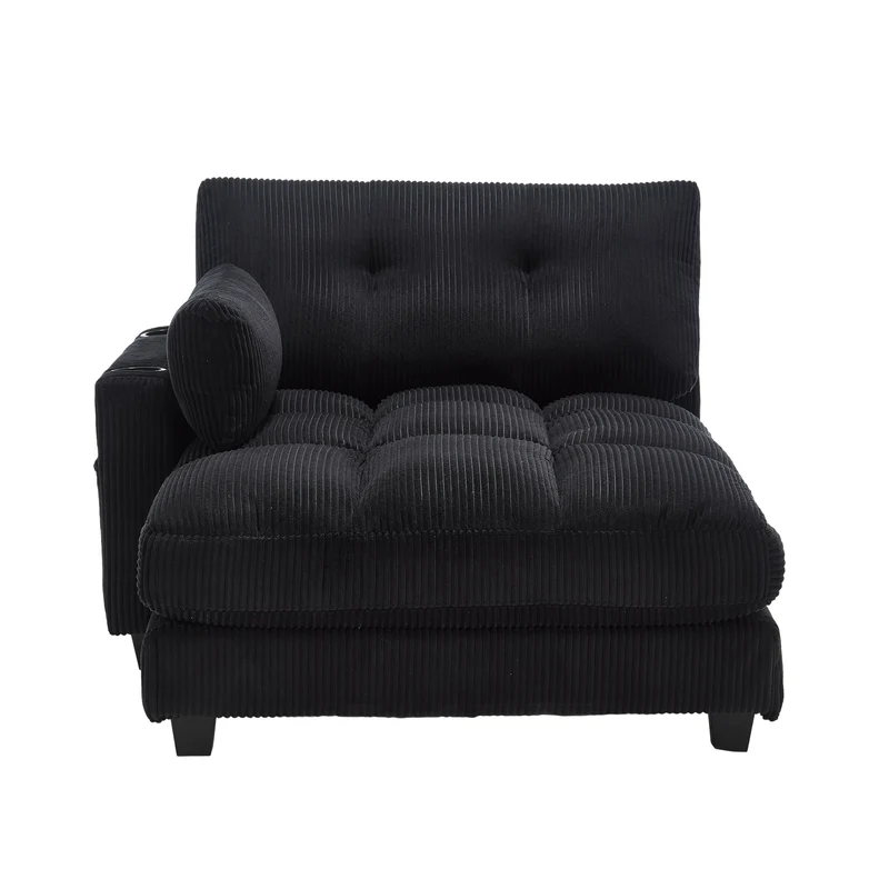 Canapé lounge moderne en velours côtelé avec porte-gobelets et poche latérale, noir