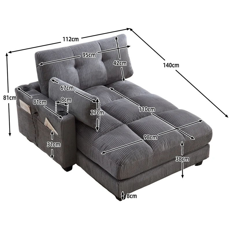 Canapé lounge moderne en velours côtelé avec porte-gobelets et poche latérale, gris