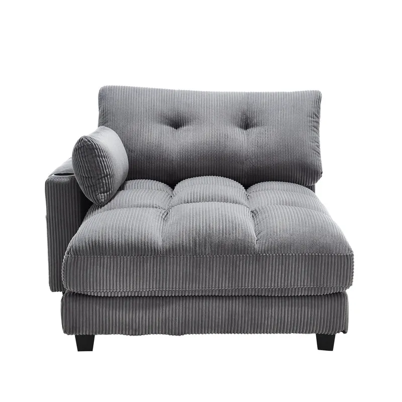Canapé lounge moderne en velours côtelé avec porte-gobelets et poche latérale, gris