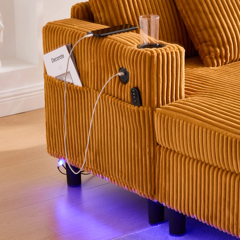 Canapé lounge en velours côtelé souple avec ports USB et éclairage d'ambiance LED, jaune
