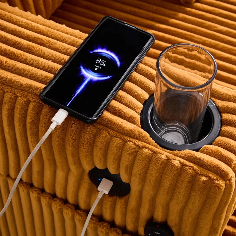 Canapé lounge en velours côtelé souple avec ports USB et éclairage d'ambiance LED, jaune