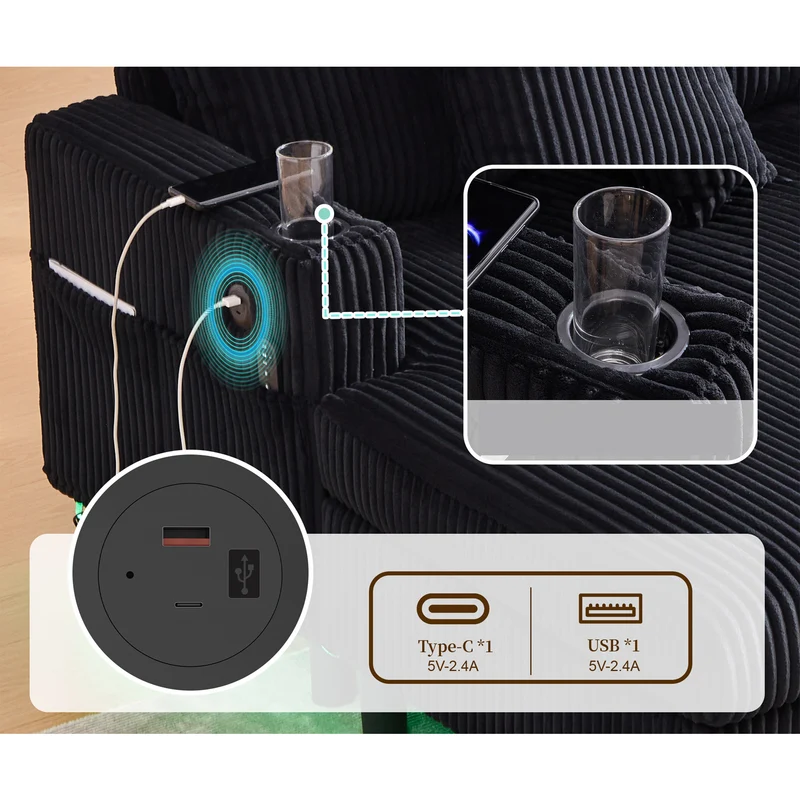 Canapé lounge en velours côtelé souple avec ports USB et éclairage d'ambiance LED, noir