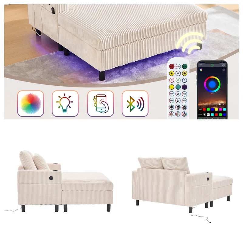 Canapé lounge en velours côtelé souple avec ports USB et éclairage d'ambiance LED, beige