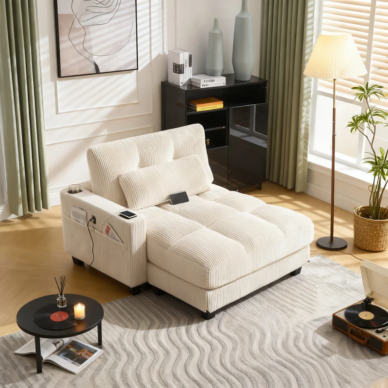 Canapé lounge moderne en velours côtelé avec porte-gobelets et poche latérale, beige