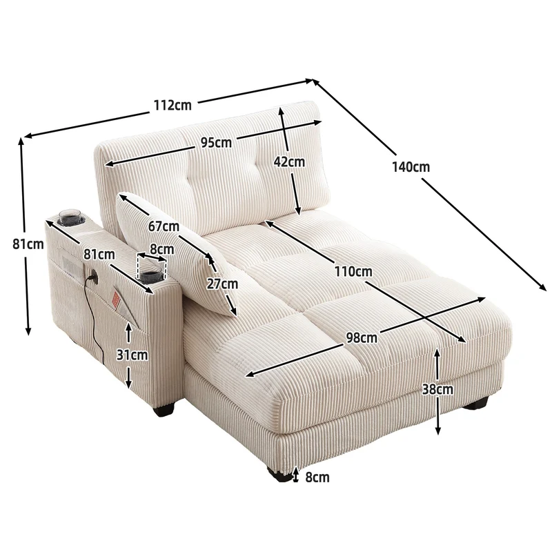 Canapé lounge moderne en velours côtelé avec porte-gobelets et poche latérale, beige