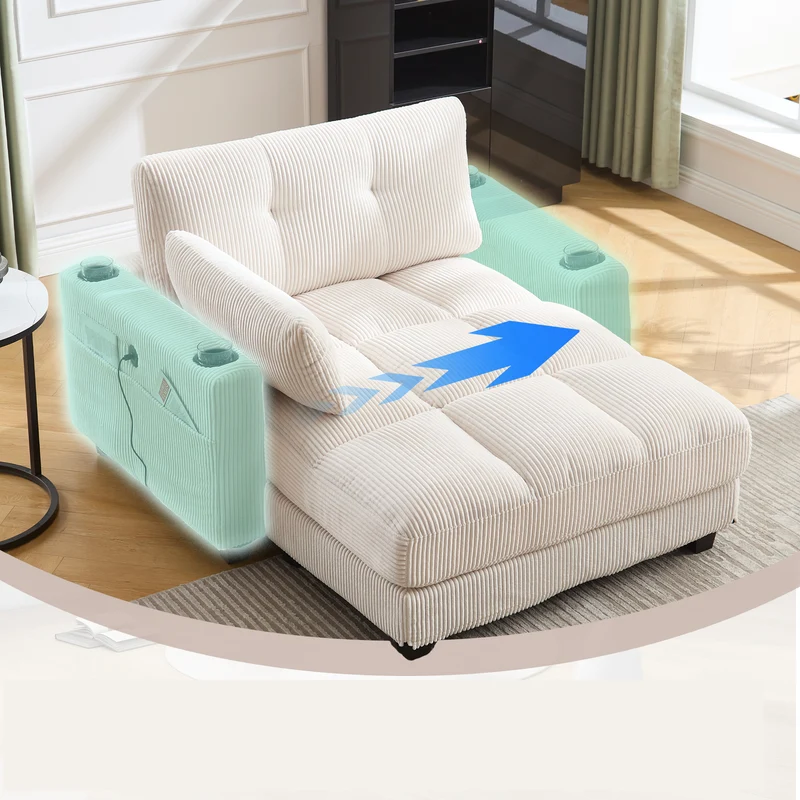 Canapé lounge moderne en velours côtelé avec porte-gobelets et poche latérale, beige