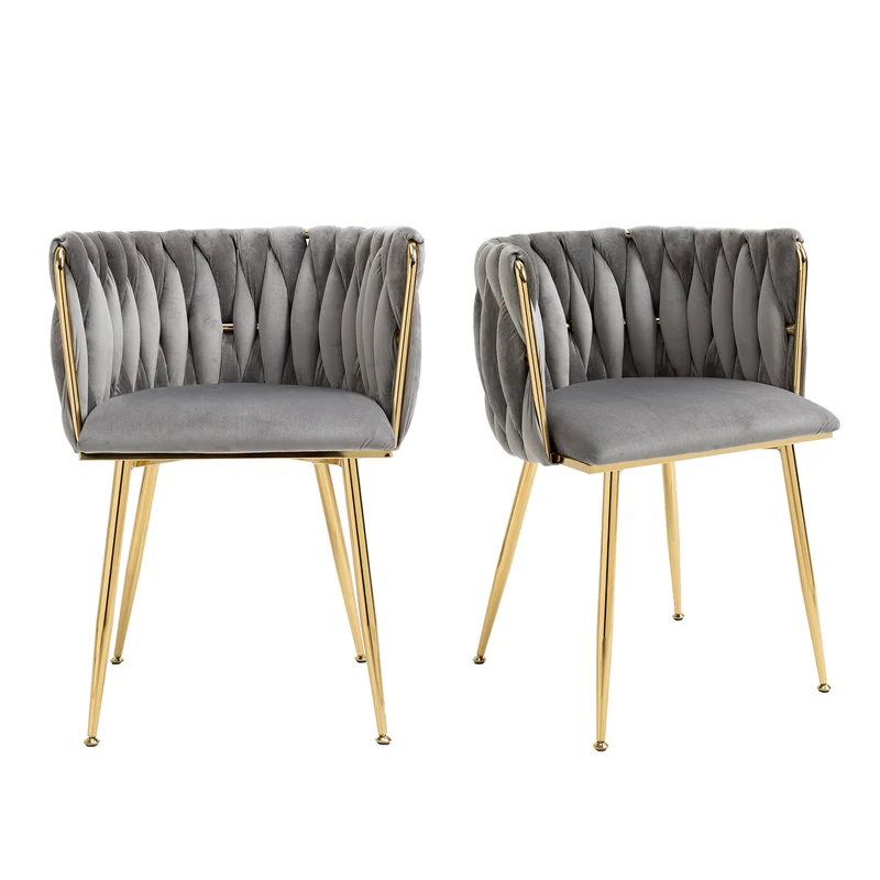Lot de 2 Chaises en Velours Luxueuses Chaises à Dos Tressé avec Pieds Métal Doré pour Salon Chambre à Coucher Salle à Manger, Gris