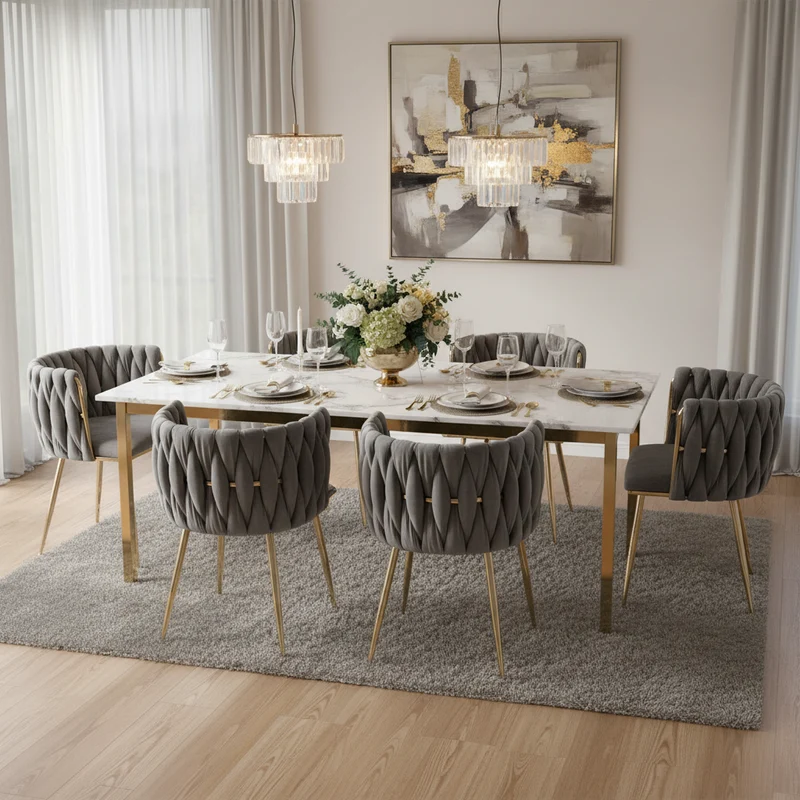 Lot de 2 Chaises en Velours Luxueuses Chaises à Dos Tressé avec Pieds Métal Doré pour Salon Chambre à Coucher Salle à Manger, Gris