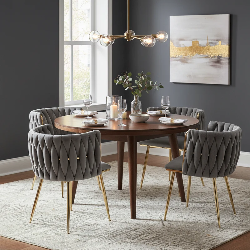 Lot de 2 Chaises en Velours Luxueuses Chaises à Dos Tressé avec Pieds Métal Doré pour Salon Chambre à Coucher Salle à Manger, Gris