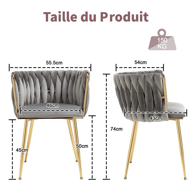 Lot de 2 Chaises en Velours Luxueuses Chaises à Dos Tressé avec Pieds Métal Doré pour Salon Chambre à Coucher Salle à Manger, Gris
