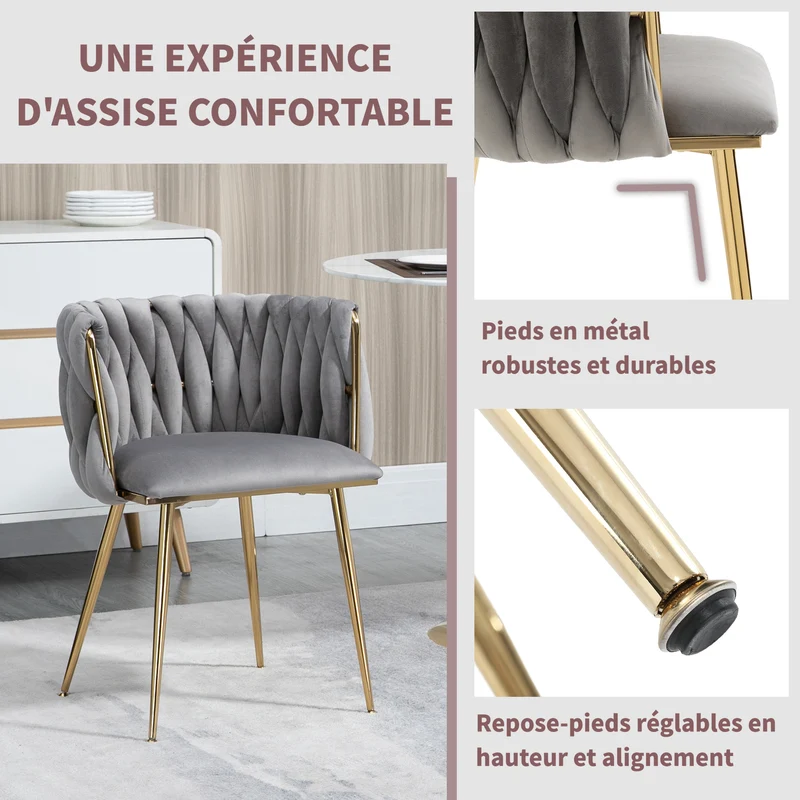 Lot de 2 Chaises en Velours Luxueuses Chaises à Dos Tressé avec Pieds Métal Doré pour Salon Chambre à Coucher Salle à Manger, Gris