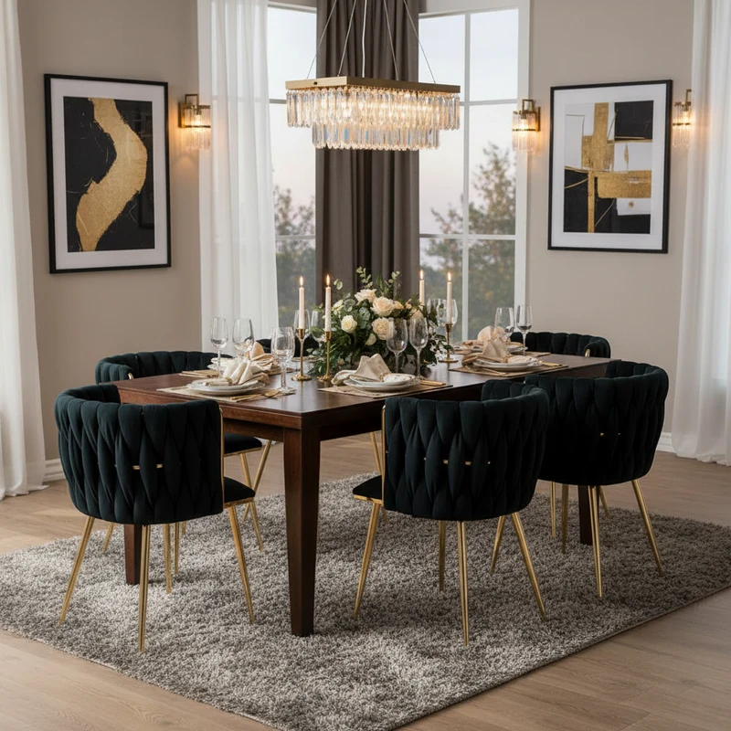 Lot de 2 Chaises en Velours Luxueuses Chaises à Dos Tressé avec Pieds Métal Doré pour Salon Chambre à Coucher Salle à Manger, Noir