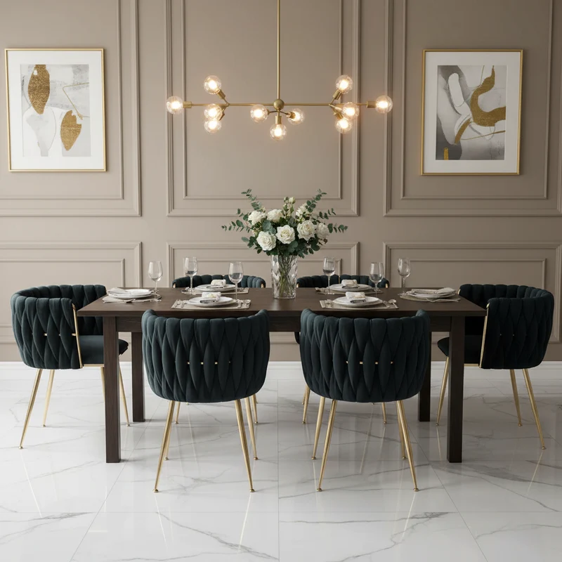 Lot de 2 Chaises en Velours Luxueuses Chaises à Dos Tressé avec Pieds Métal Doré pour Salon Chambre à Coucher Salle à Manger, Noir
