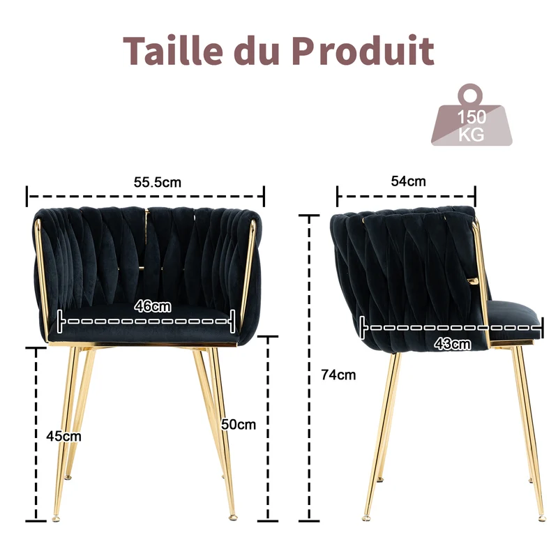 Lot de 2 Chaises en Velours Luxueuses Chaises à Dos Tressé avec Pieds Métal Doré pour Salon Chambre à Coucher Salle à Manger, Noir
