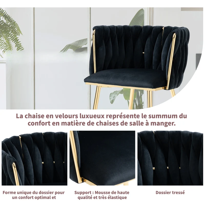 Lot de 2 Chaises en Velours Luxueuses Chaises à Dos Tressé avec Pieds Métal Doré pour Salon Chambre à Coucher Salle à Manger, Noir